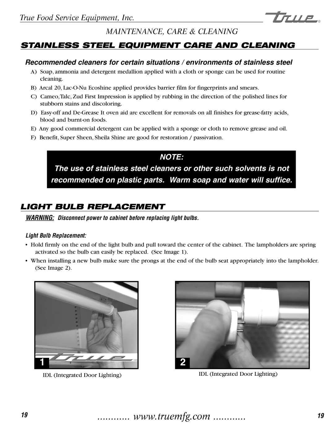 True Manufacturing Company 72RC, TAC-36, TAC-30 installation manual Light Bulb Replacement 