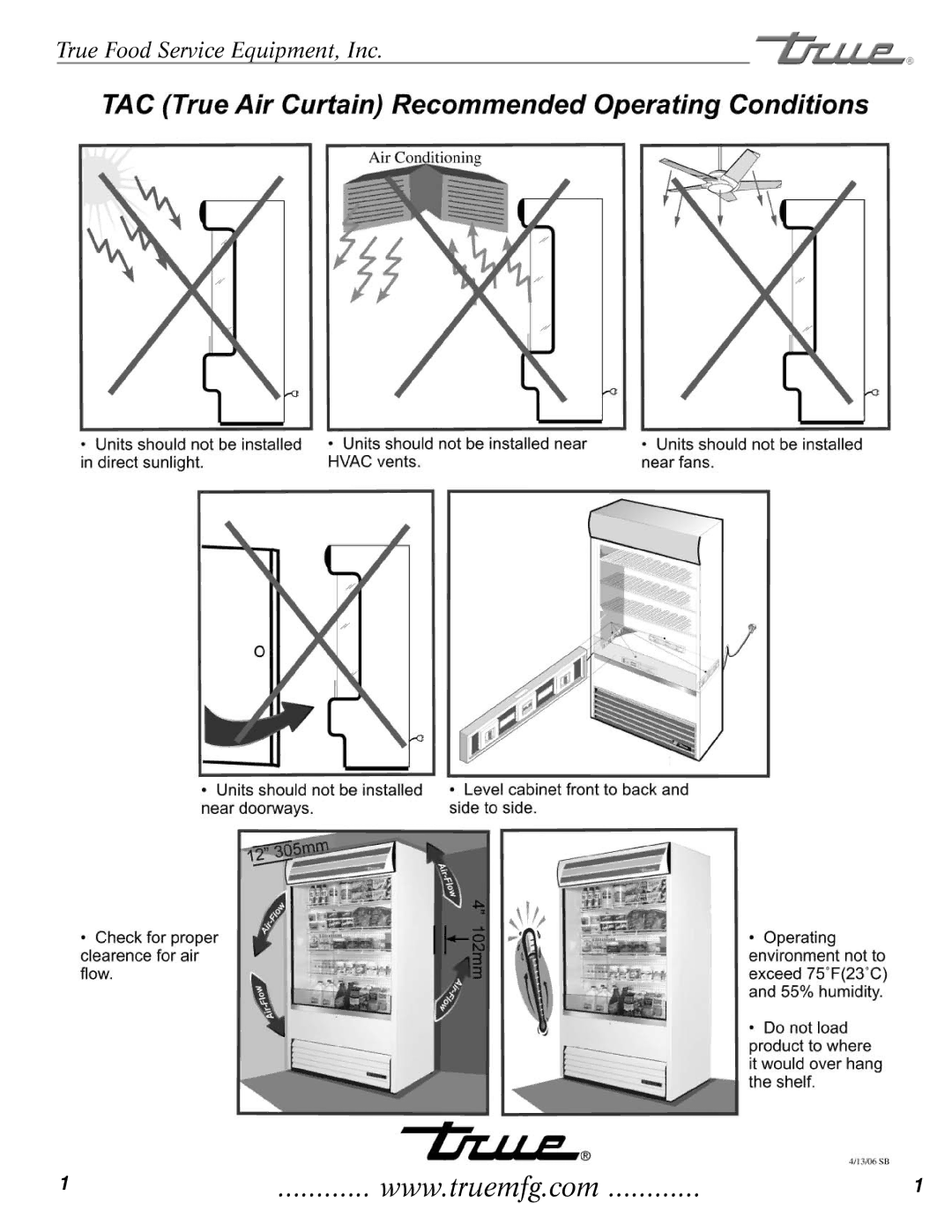 True Manufacturing Company 72RC, TAC-36, TAC-30 installation manual True Food Service Equipment, Inc 