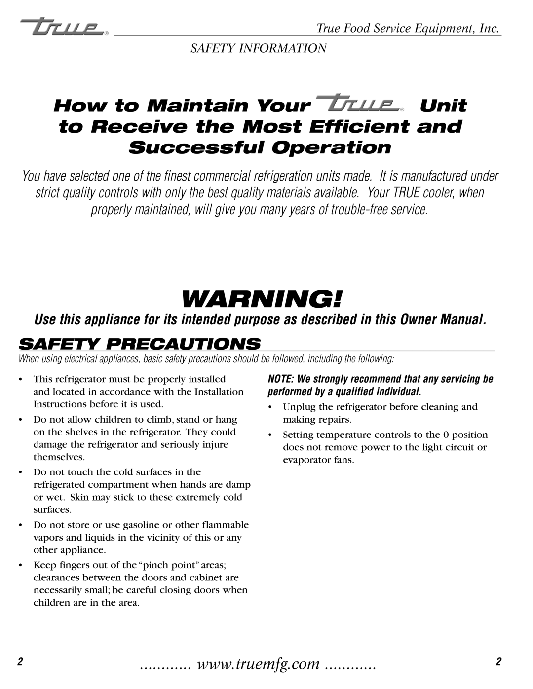 True Manufacturing Company TAC-36, 72RC, TAC-30 installation manual Safety Precautions 