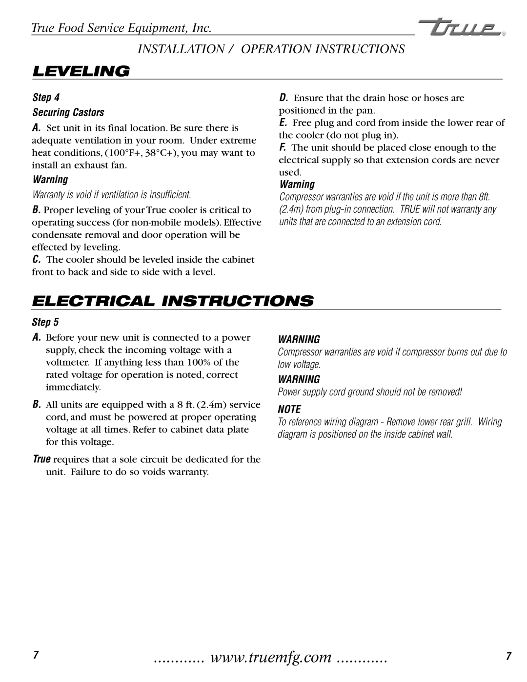 True Manufacturing Company 72RC, TAC-36, TAC-30 installation manual Leveling, Electrical Instructions, Step Securing Castors 