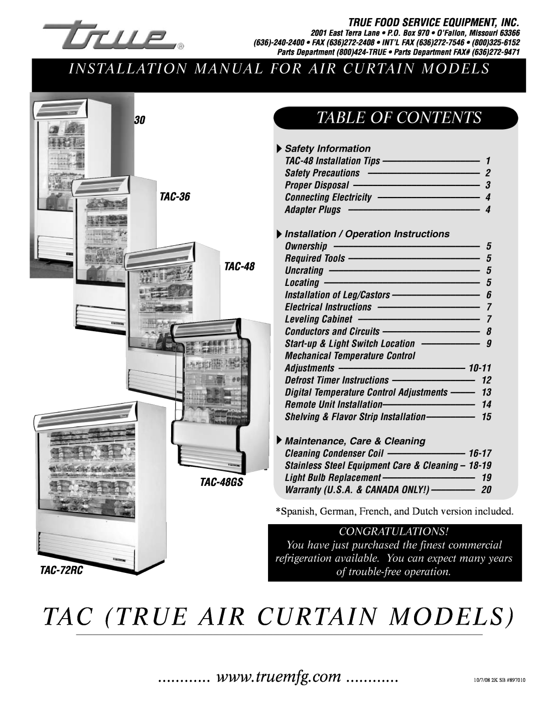 True Manufacturing Company TAC-36 installation manual Tac True Air Curtain Models, Table Of Contents, Congratulations 