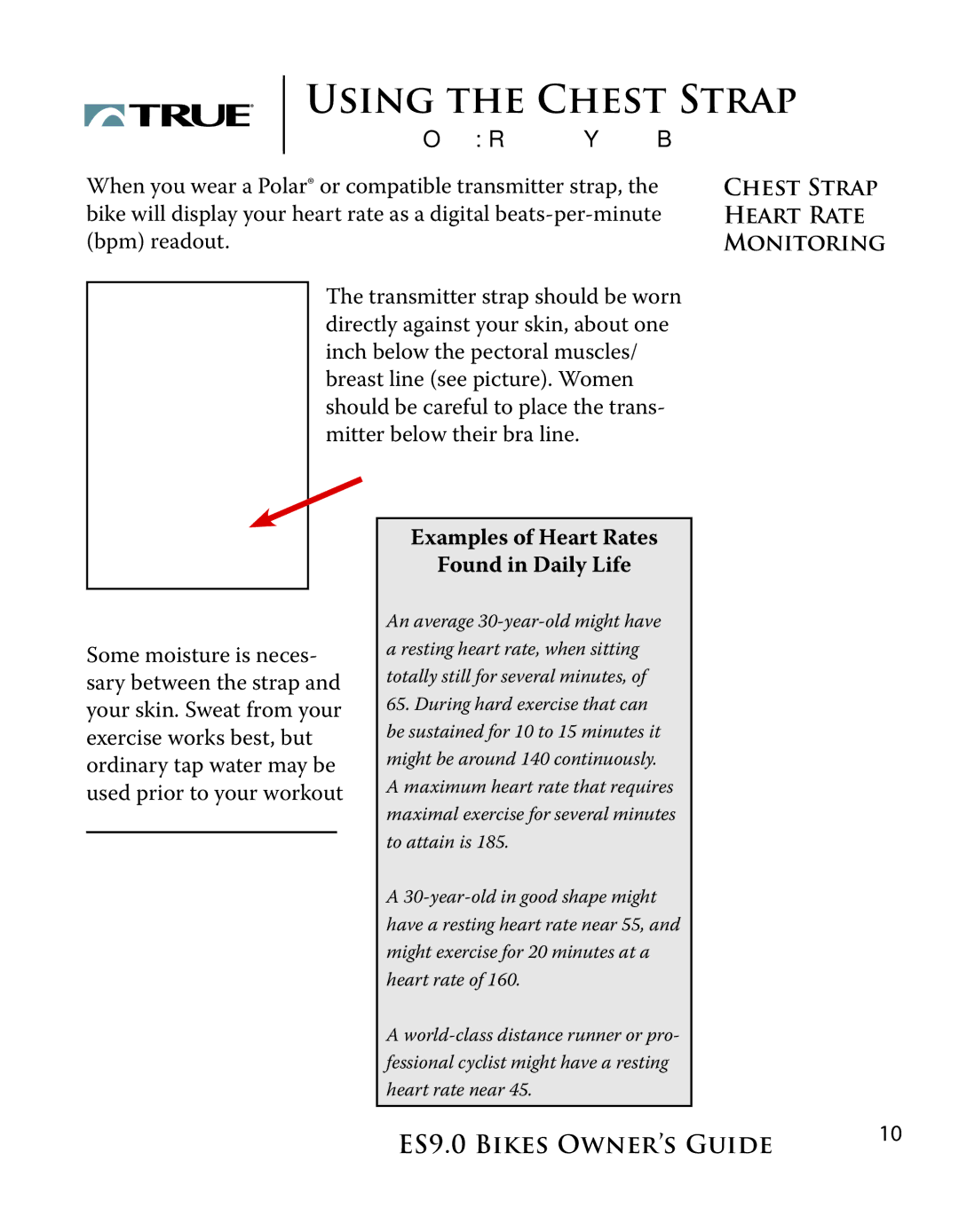 True Manufacturing Company ES9.0 manual Chest Strap Heart Rate Monitoring 