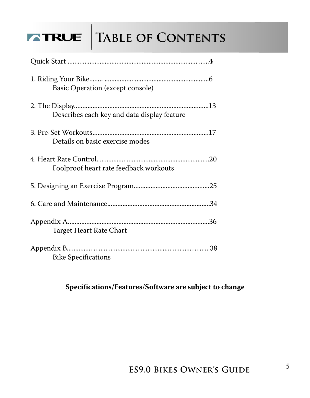 True Manufacturing Company ES9.0 manual Table of Contents 