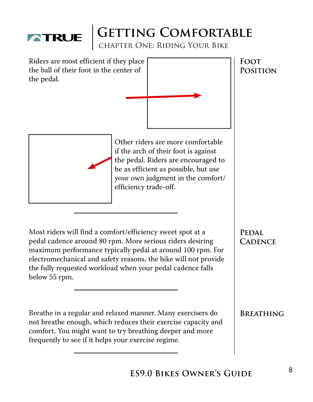 True Manufacturing Company ES9.0 manual Foot Position Pedal Cadence Breathing 