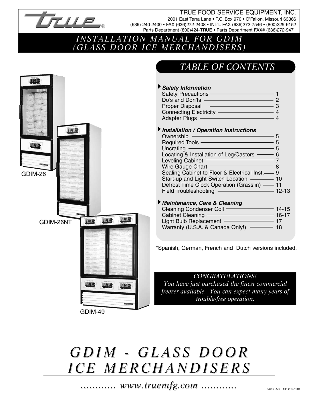 True Manufacturing Company GDIM-26NT, GDIM-49 installation manual Table of Contents 