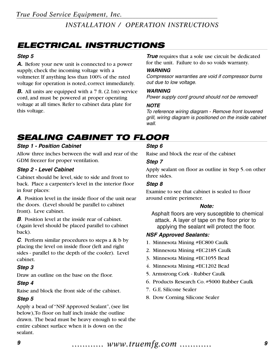 True Manufacturing Company GDIM-26 Electrical Instructions, Sealing Cabinet to Floor, Position Cabinet, Level Cabinet 