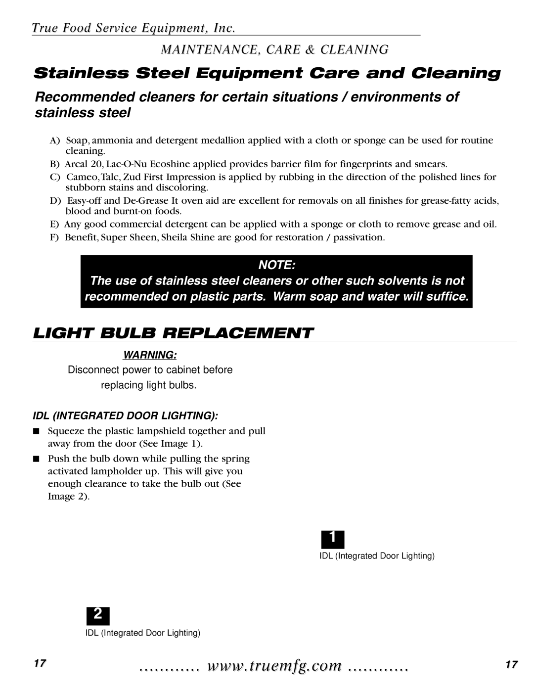 True Manufacturing Company GDIM-26NT, GDIM-49 installation manual Light Bulb Replacement, IDL Integrated Door Lighting 