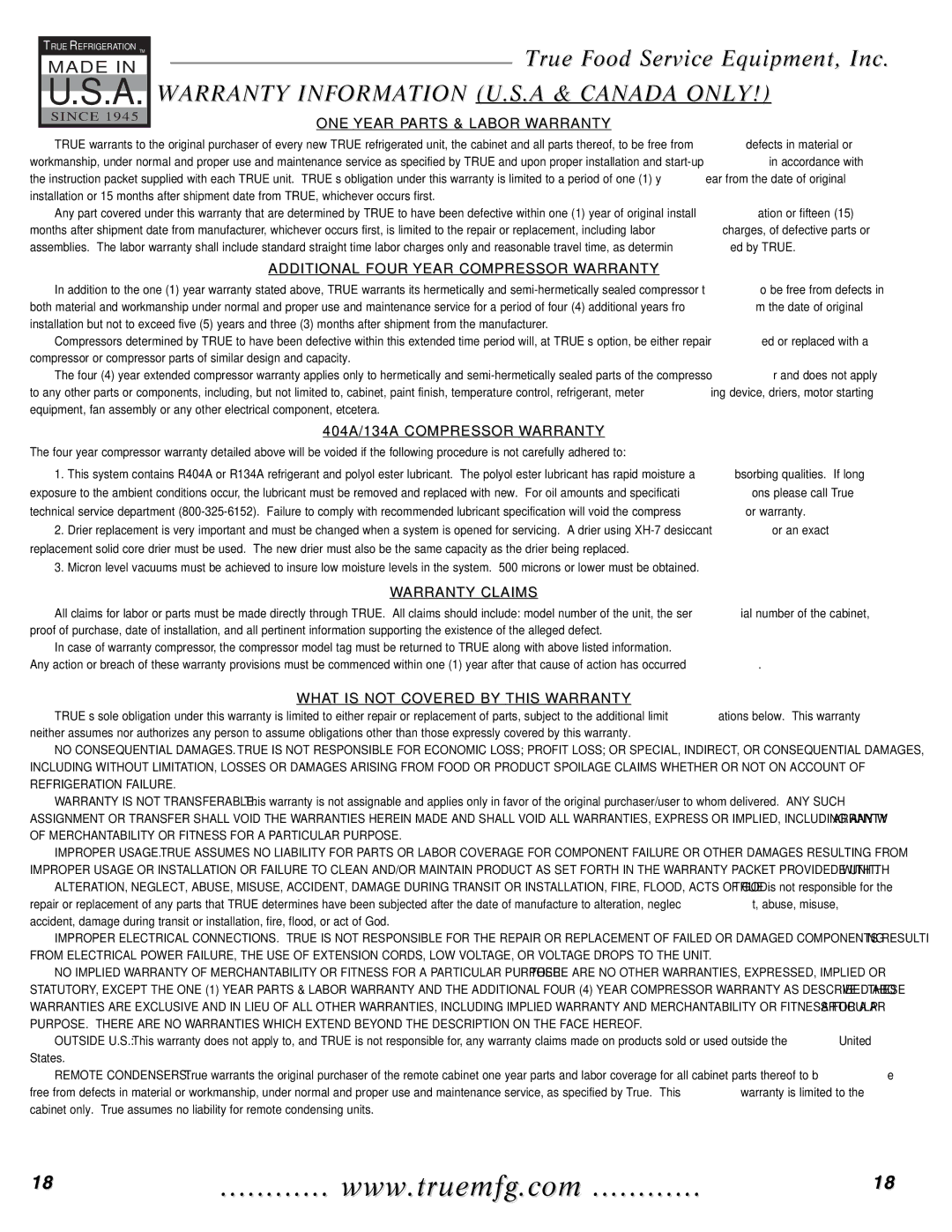 True Manufacturing Company GDIM-49, GDIM-26NT installation manual True Food Service Equipment, Inc 