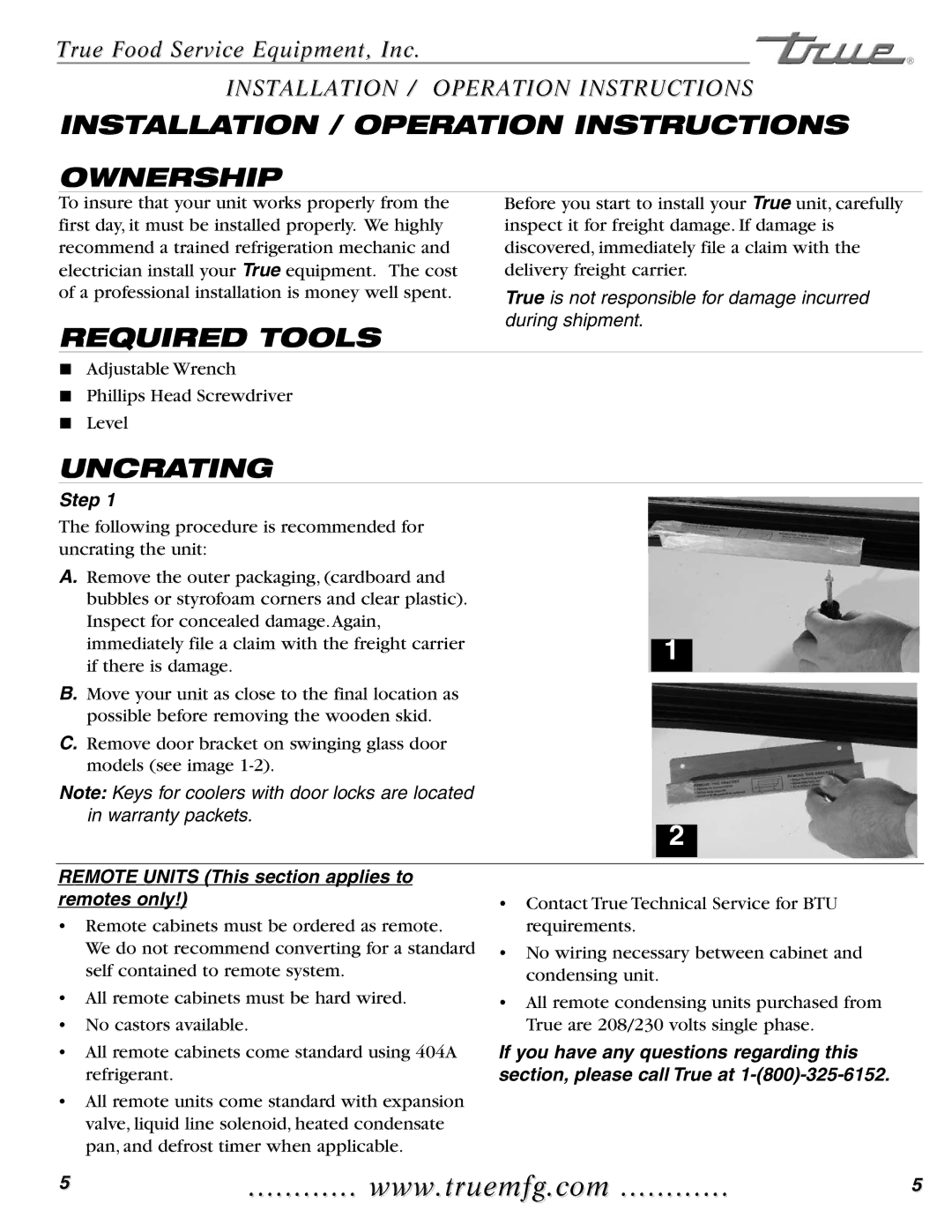 True Manufacturing Company GDIM-26NT, GDIM-49 Installation / Operation Instructions Ownership, Required Tools, Uncrating 