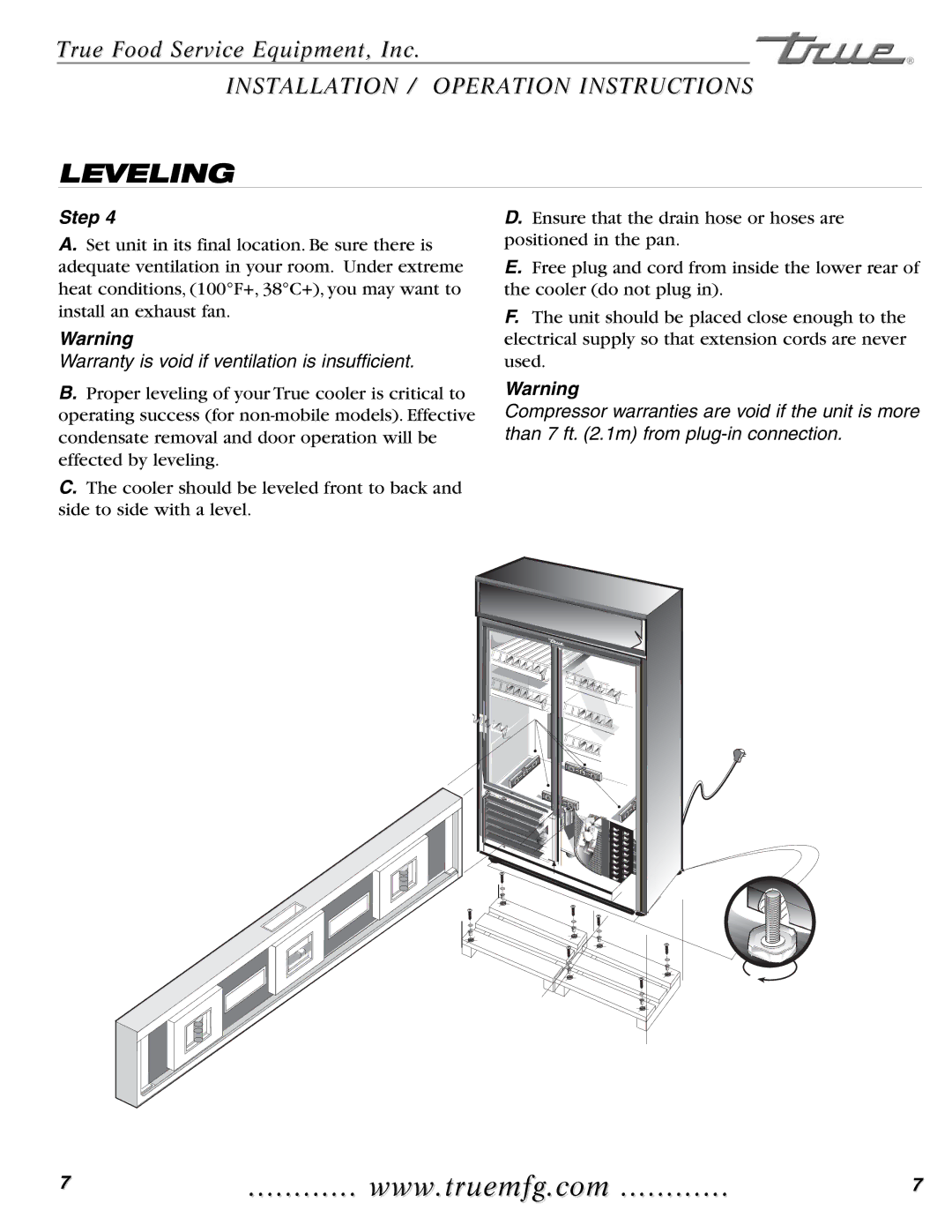 True Manufacturing Company GDIM-49, GDIM-26NT installation manual Leveling, Warranty is void if ventilation is insufficient 