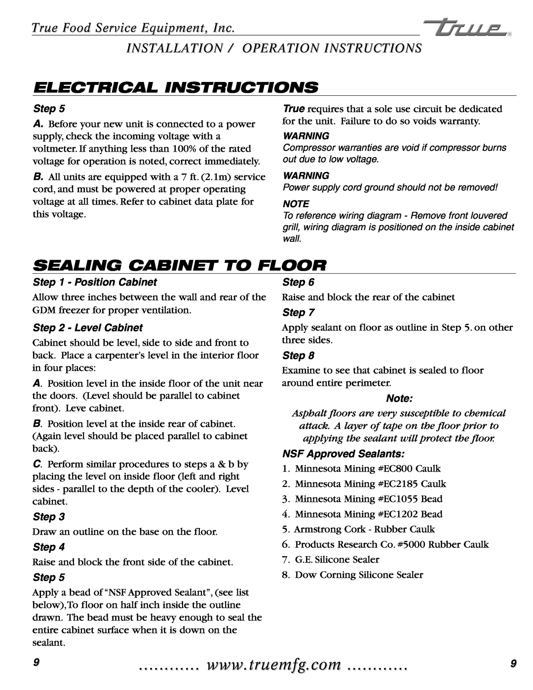 True Manufacturing Company GDIM-26 Electrical Instructions, Sealing Cabinet To Floor, Position Cabinet, Level Cabinet 