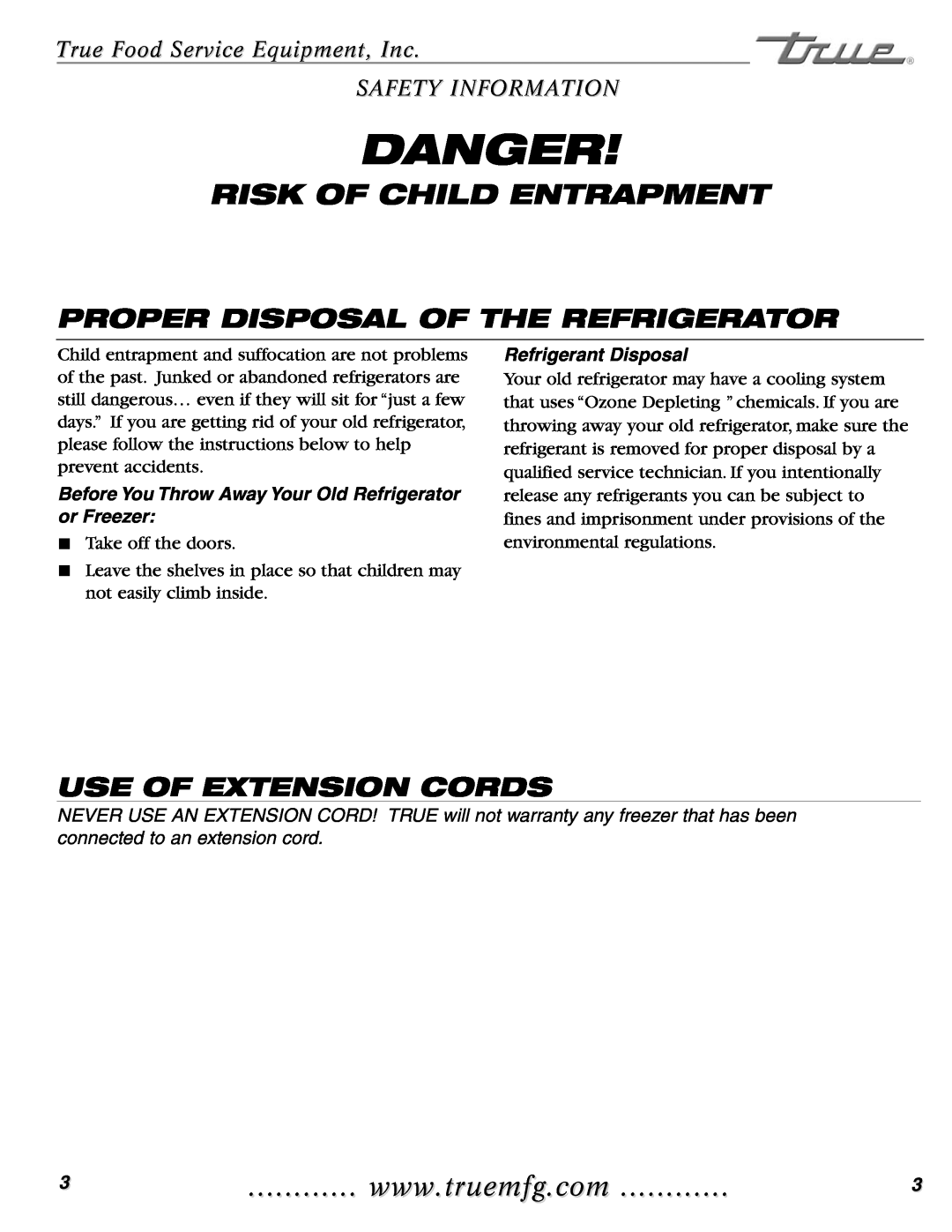 True Manufacturing Company GDIM-26 Risk Of Child Entrapment, Proper Disposal Of The Refrigerator, Use Of Extension Cords 