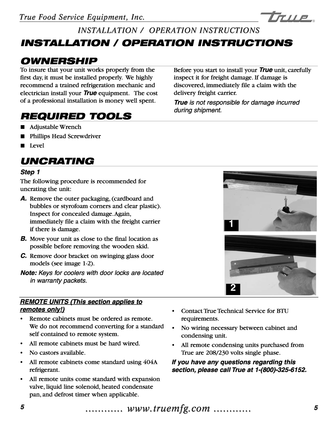 True Manufacturing Company GDIM-26NT Installation / Operation Instructions Ownership, Required Tools, Uncrating, Step 