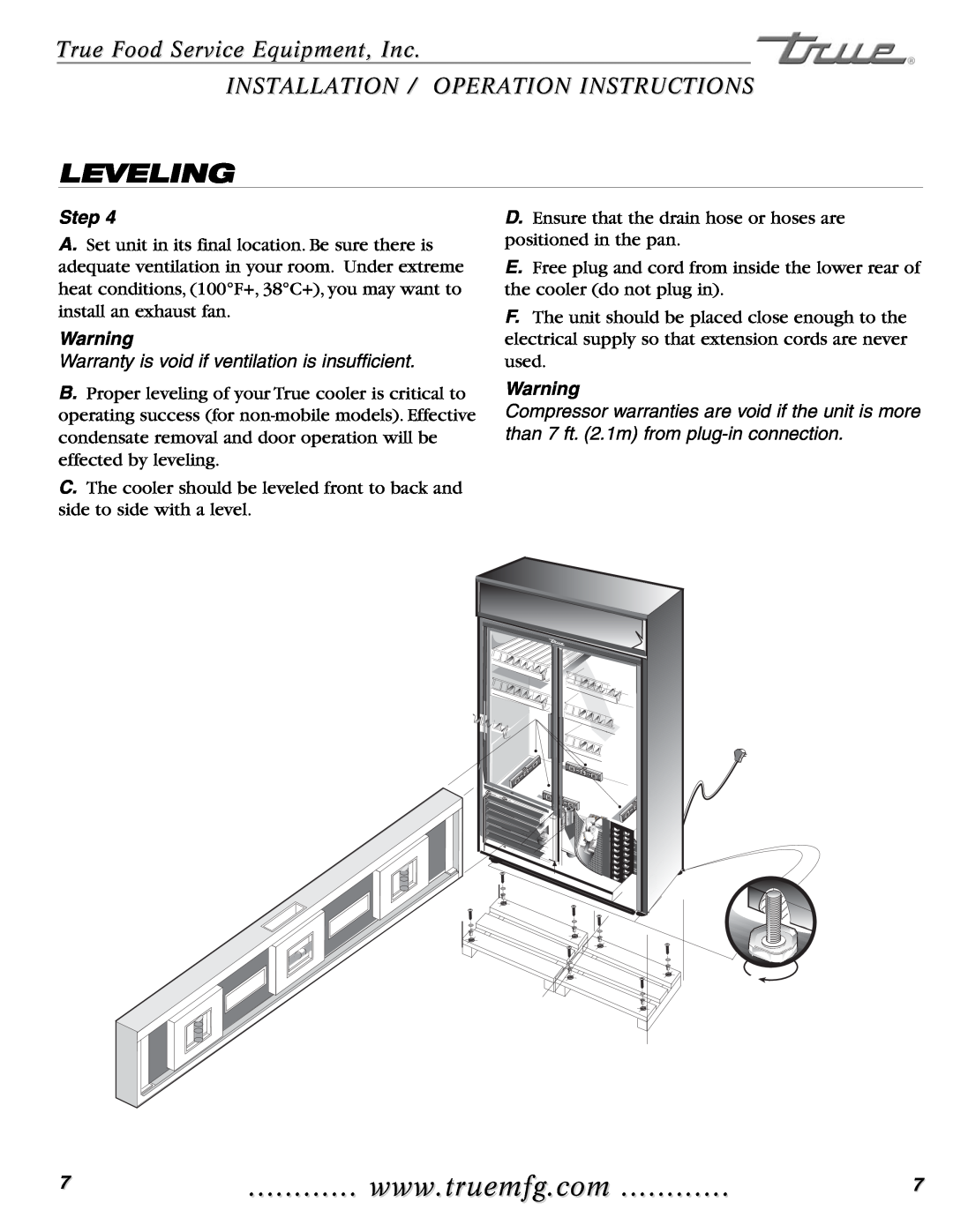 True Manufacturing Company GDIM-49 Leveling, True Food Service Equipment, Inc, Installation / Operation Instructions, Step 