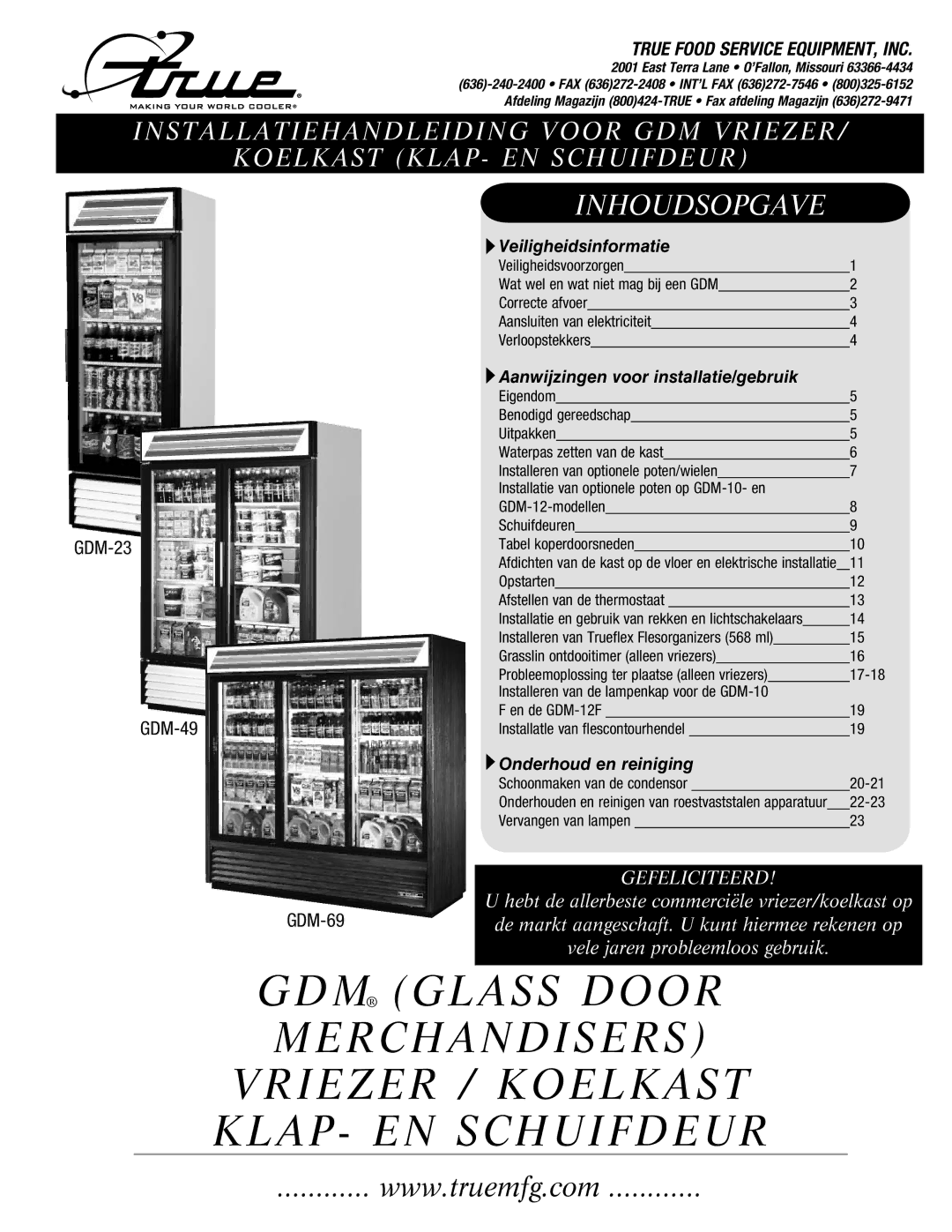 True Manufacturing Company GDM-49, GDM-23, GDM-69 manual Inhoudsopgave 