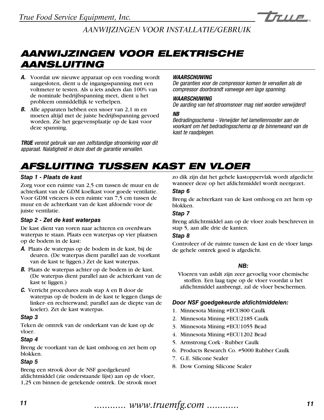 True Manufacturing Company GDM-49, GDM-23 manual Aanwijzingen Voor Elektrische Aansluiting, Afsluiting Tussen Kast EN Vloer 