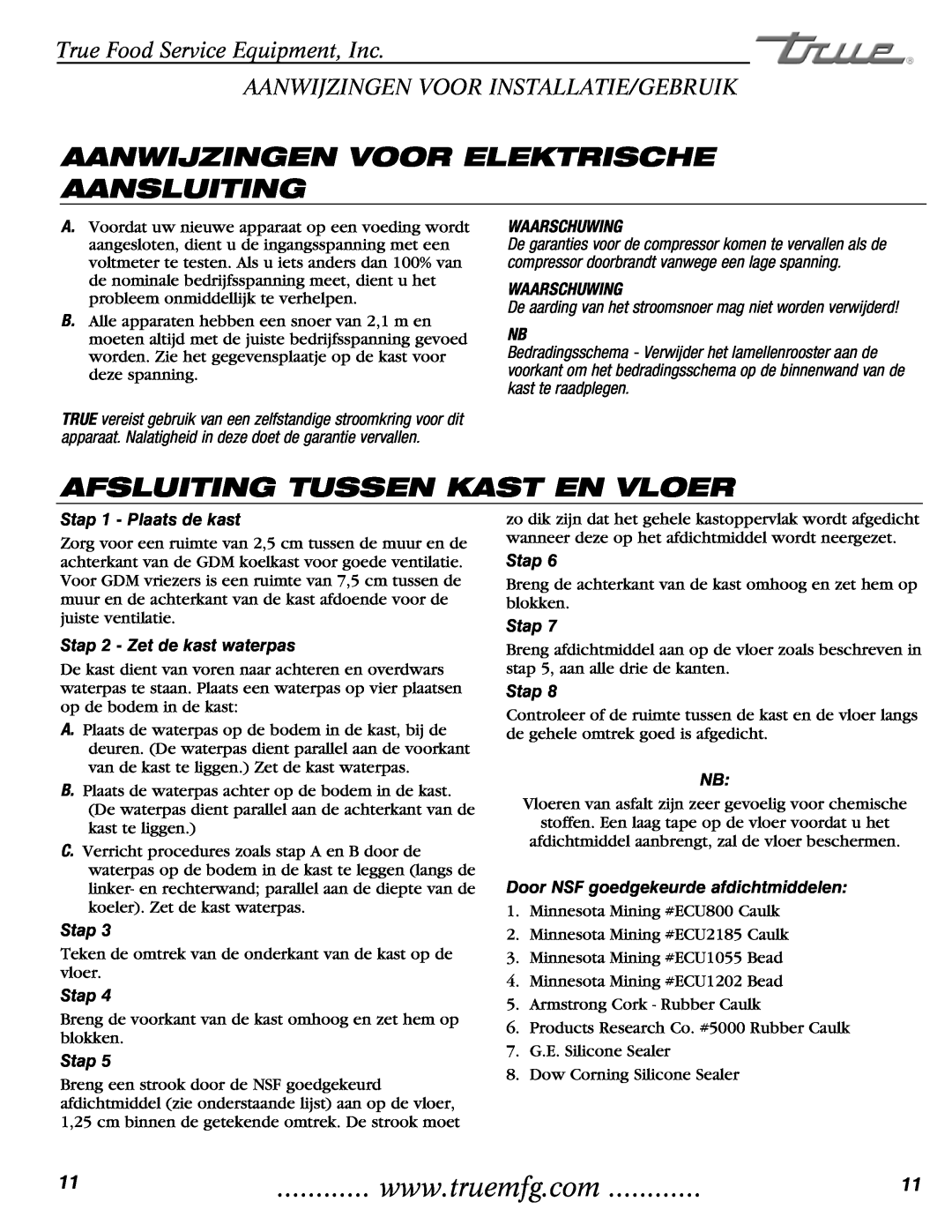 True Manufacturing Company GDM-49 Aanwijzingen Voor Elektrische Aansluiting, Afsluiting Tussen Kast En Vloer, Waarschuwing 