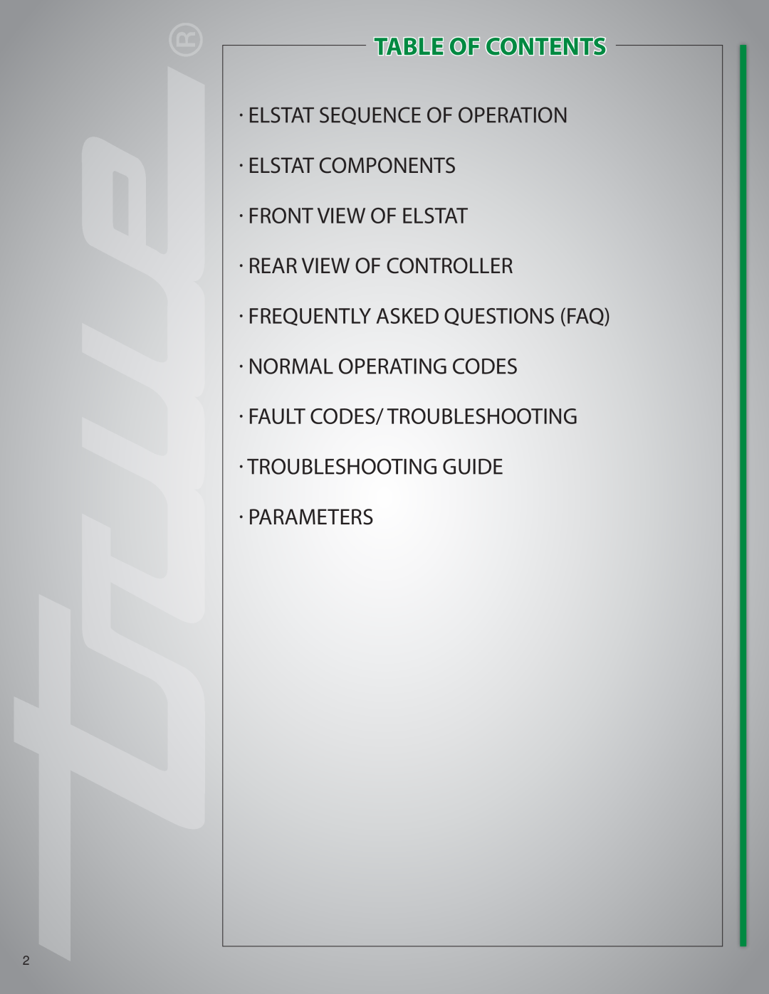 True Manufacturing Company GDM-26 manual Table Of Contents, · Elstat Sequence Of Operation · Elstat Components 