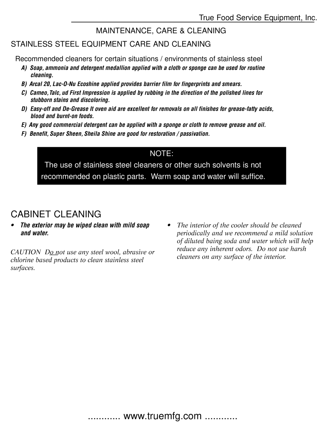 True Manufacturing Company GDM-3 installation manual Cabinet Cleaning, Exterior may be wiped clean with mild soap and water 