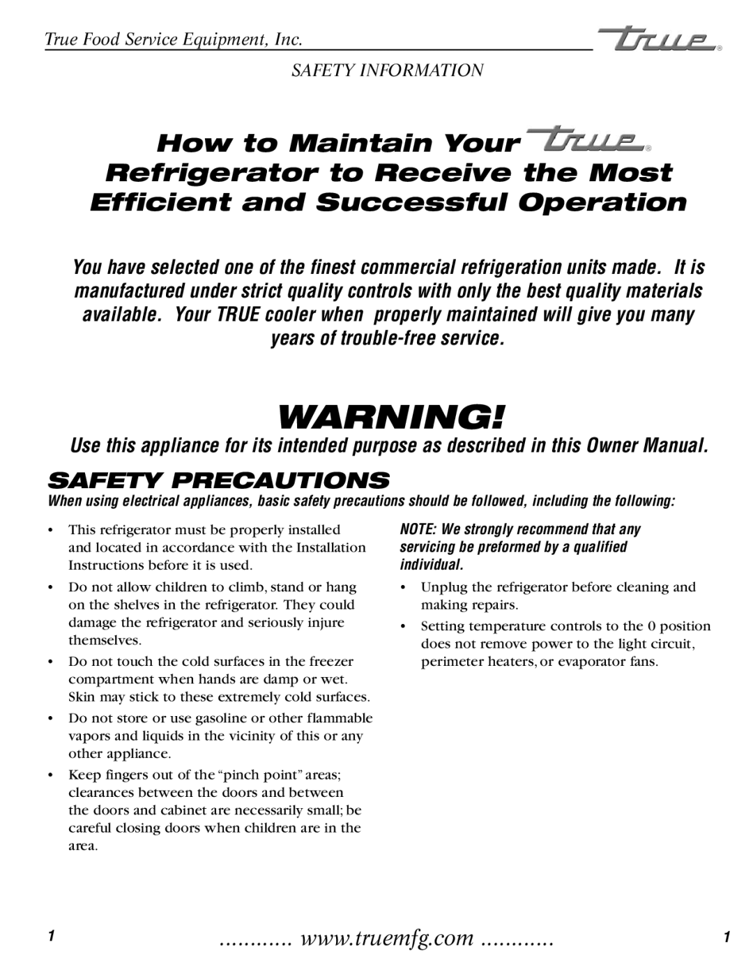 True Manufacturing Company GDM-3 installation manual Safety Precautions 