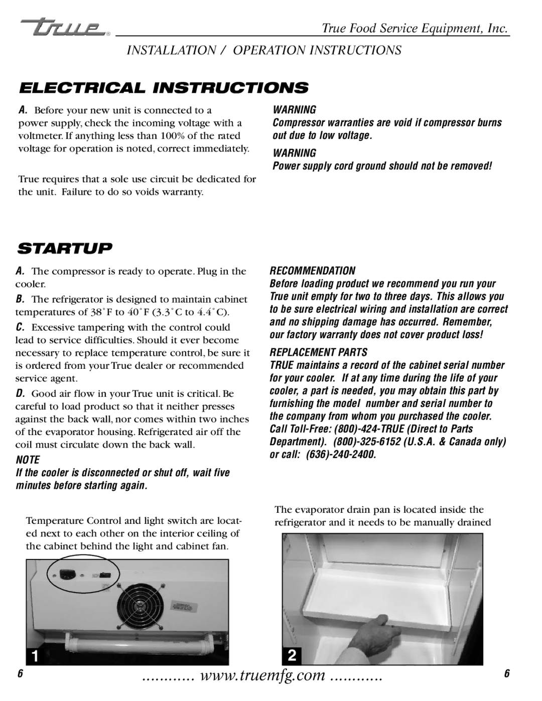 True Manufacturing Company GDM-3 installation manual Electrical Instructions, Startup, Recommendation, Replacement Parts 