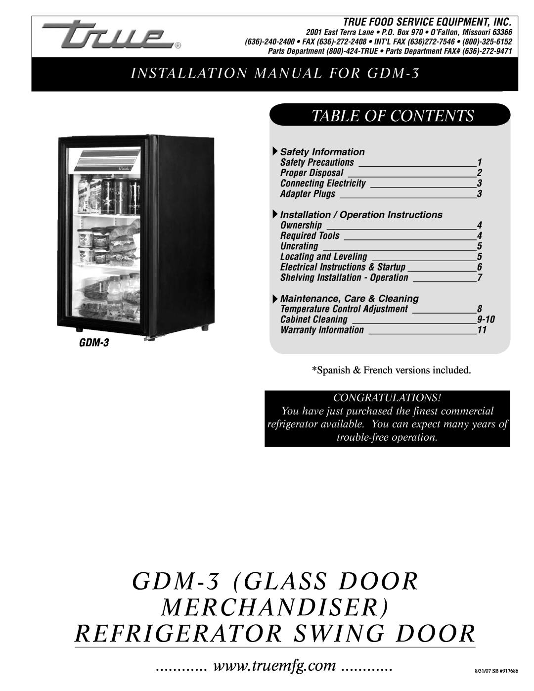 True Manufacturing Company installation manual GDM-3 GLASS DOOR MERCHANDISER REFRIGERATOR SWING DOOR, Table Of Contents 