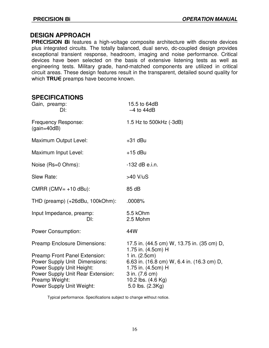 True Manufacturing Company PRECISION 8i operation manual Design Approach, Specifications 