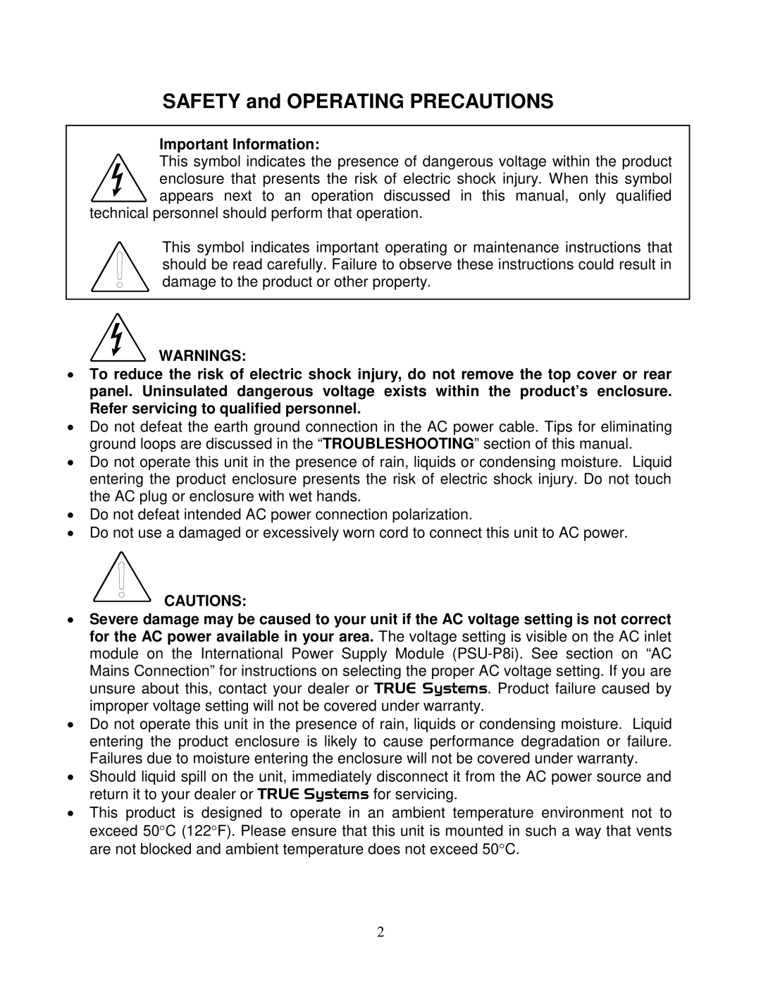 True Manufacturing Company PRECISION 8i operation manual Safety and Operating Precautions, Important Information 