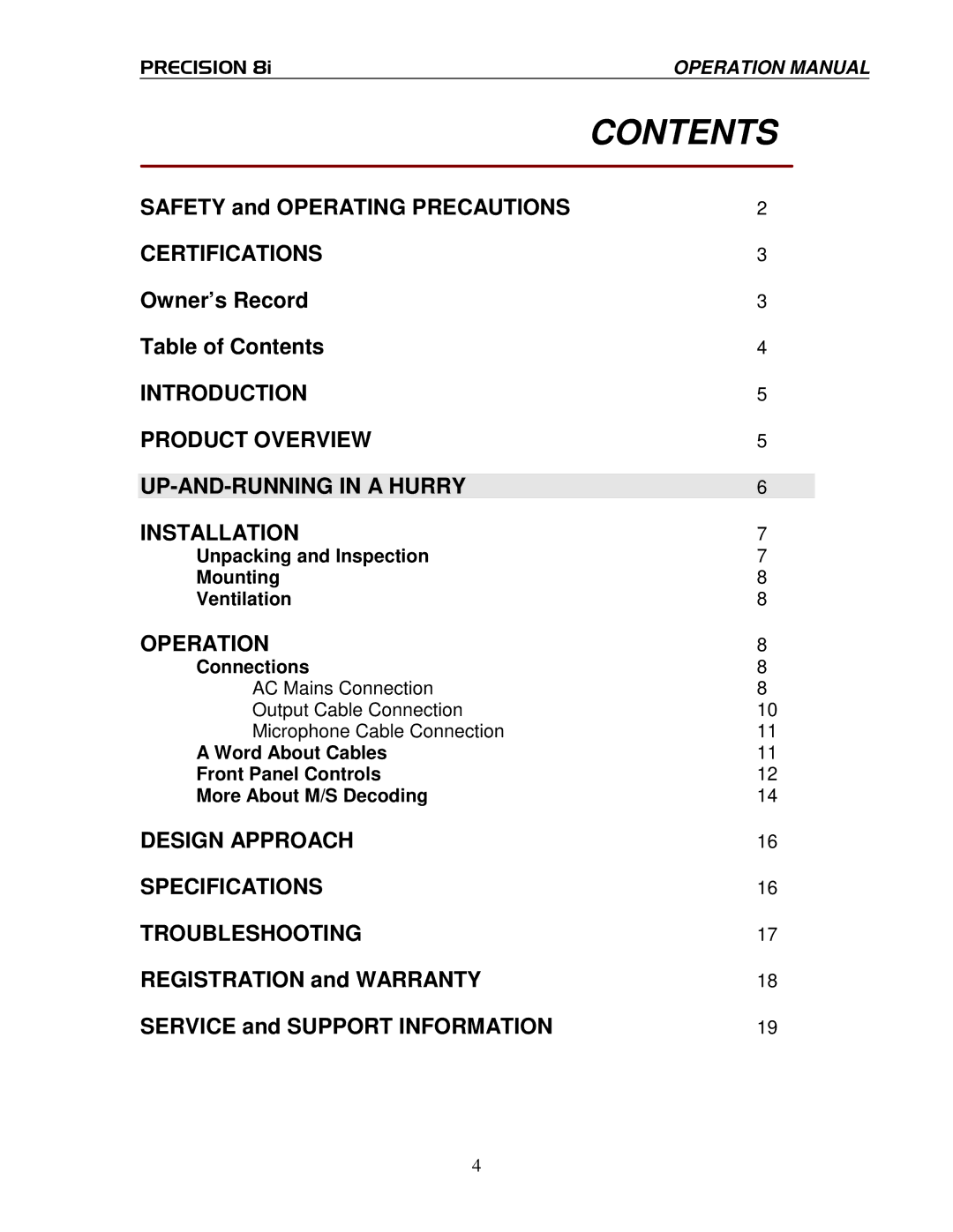 True Manufacturing Company PRECISION 8i operation manual Contents 