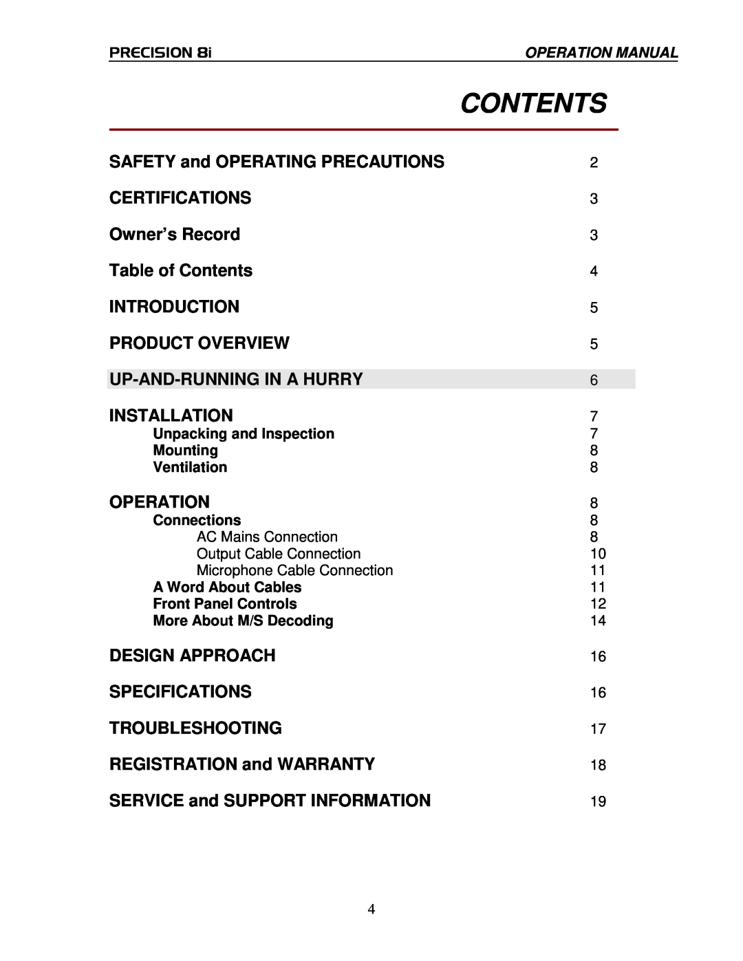 True Manufacturing Company PRECISION 8i operation manual Contents 