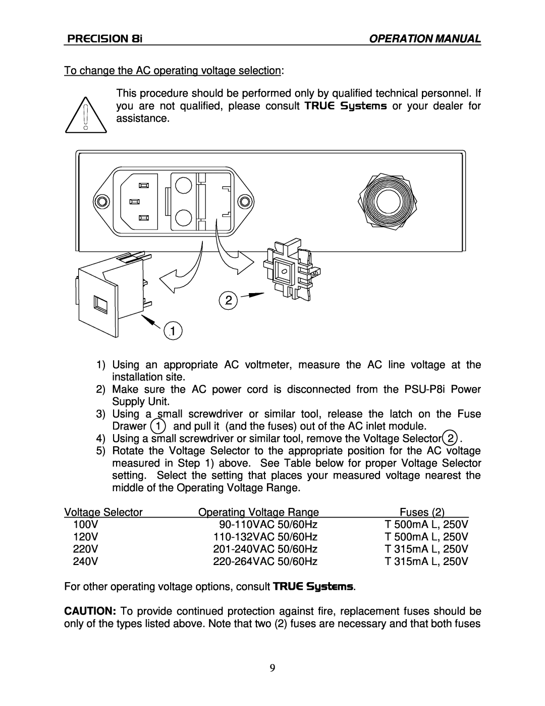 True Manufacturing Company PRECISION 8i operation manual Precision, To change the AC operating voltage selection 