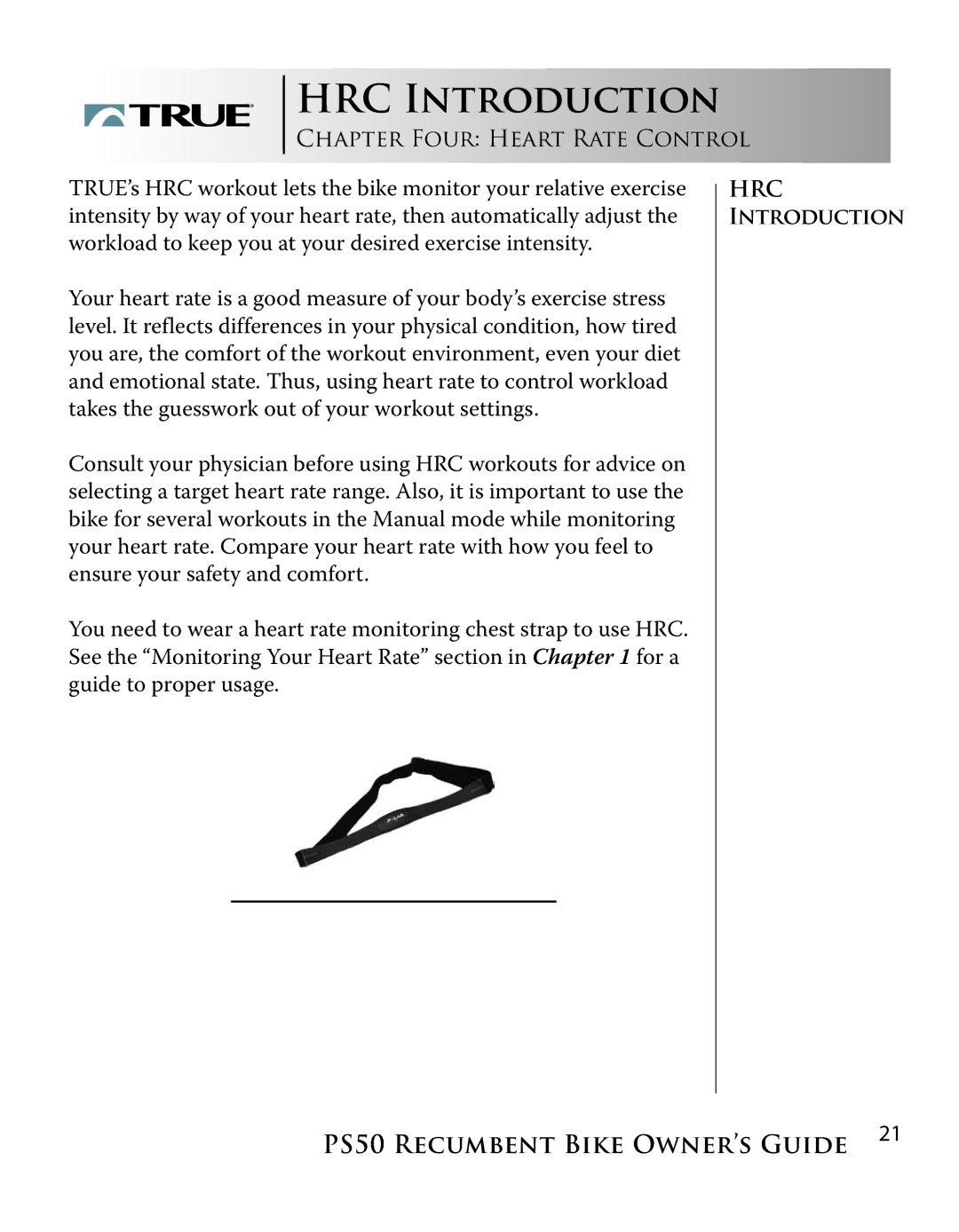 True Manufacturing Company PS/50 manual HRC Introduction, CHAPTER FOUR HEART Rate Control 