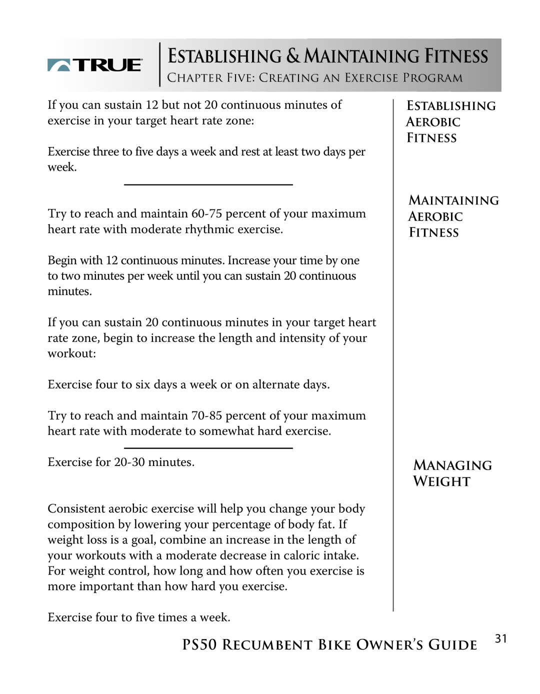 True Manufacturing Company PS/50 manual Establishing & Maintaining Fitness 