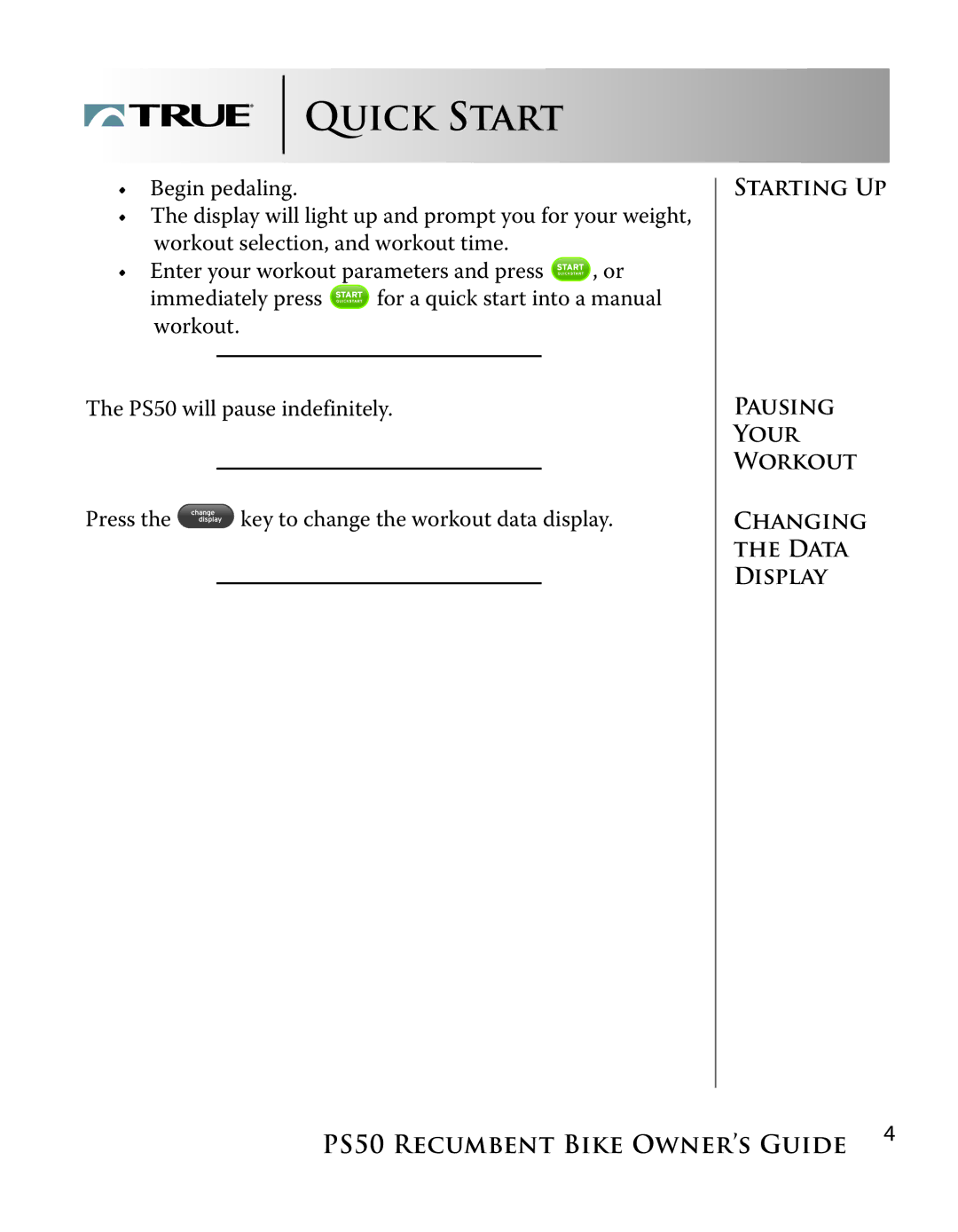 True Manufacturing Company PS/50 manual Quick Start 