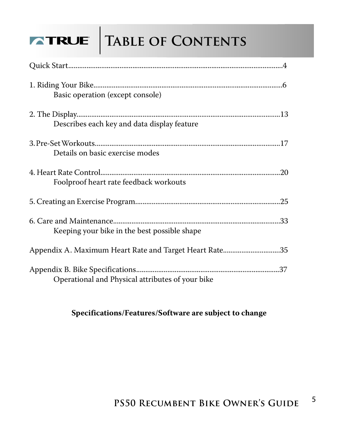 True Manufacturing Company PS/50 manual Table of Contents 