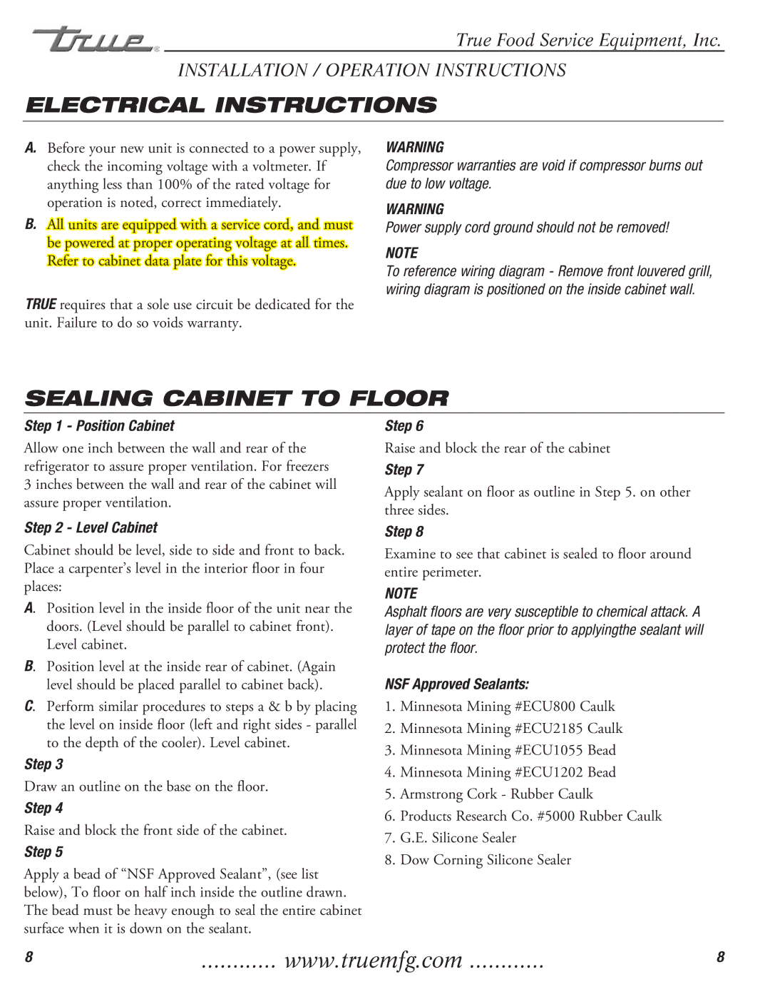 True Manufacturing Company T-23DT installation manual Electrical Instructions, Sealing Cabinet to Floor 