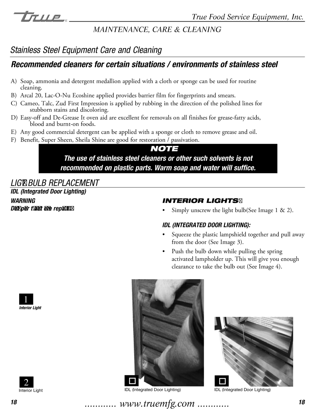 True Manufacturing Company T-23DT installation manual Light Bulb Replacement, Interior Lights, IDL Integrated Door Lighting 