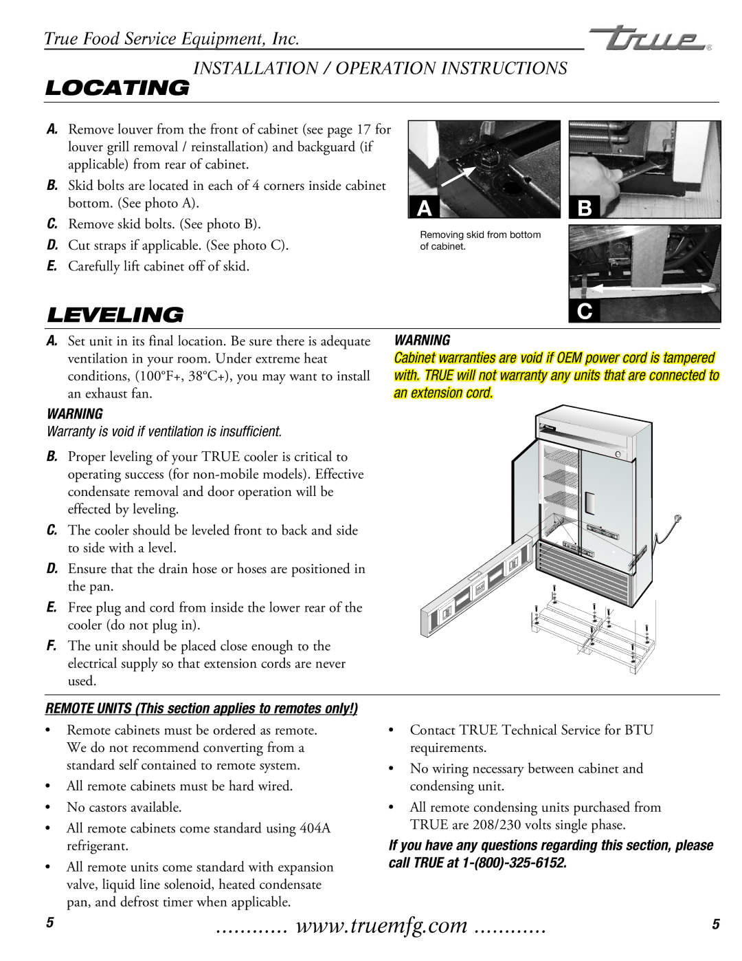 True Manufacturing Company T-23DT installation manual Locating, Leveling 