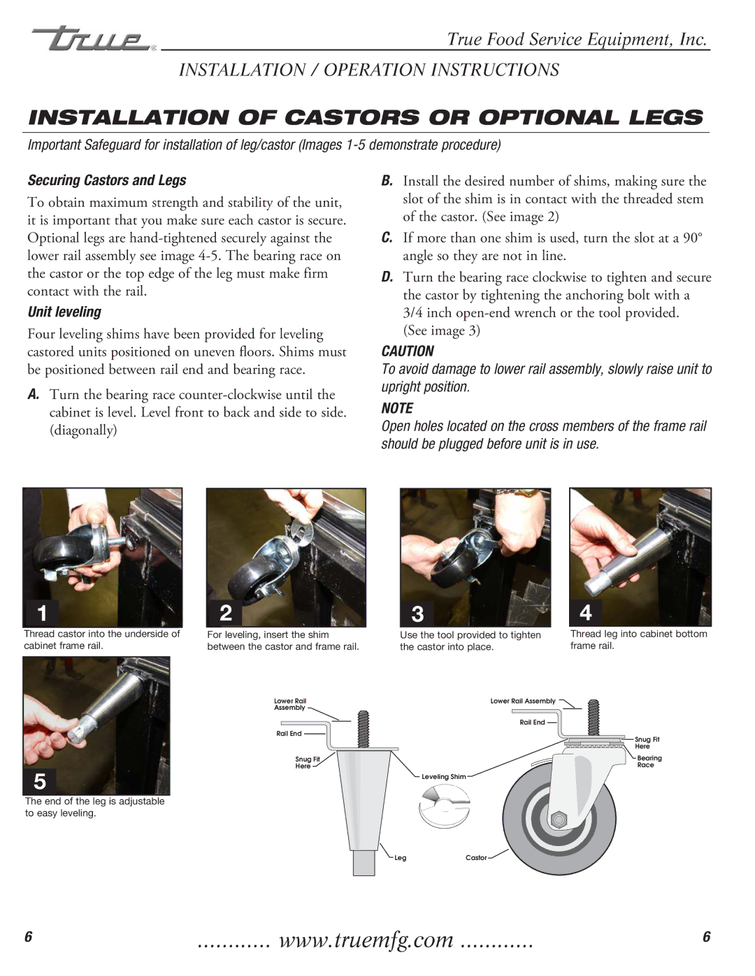 True Manufacturing Company T-23DT installation manual Installation of Castors or Optional Legs 