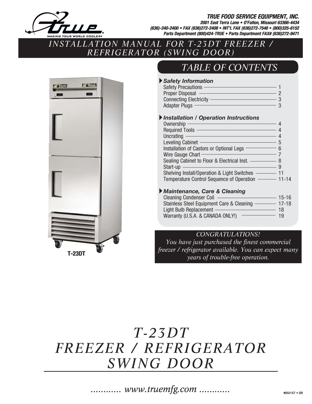 True Manufacturing Company installation manual T-23DT FREEZER / REFRIGERATOR SWING DOOR, Table Of Contents 