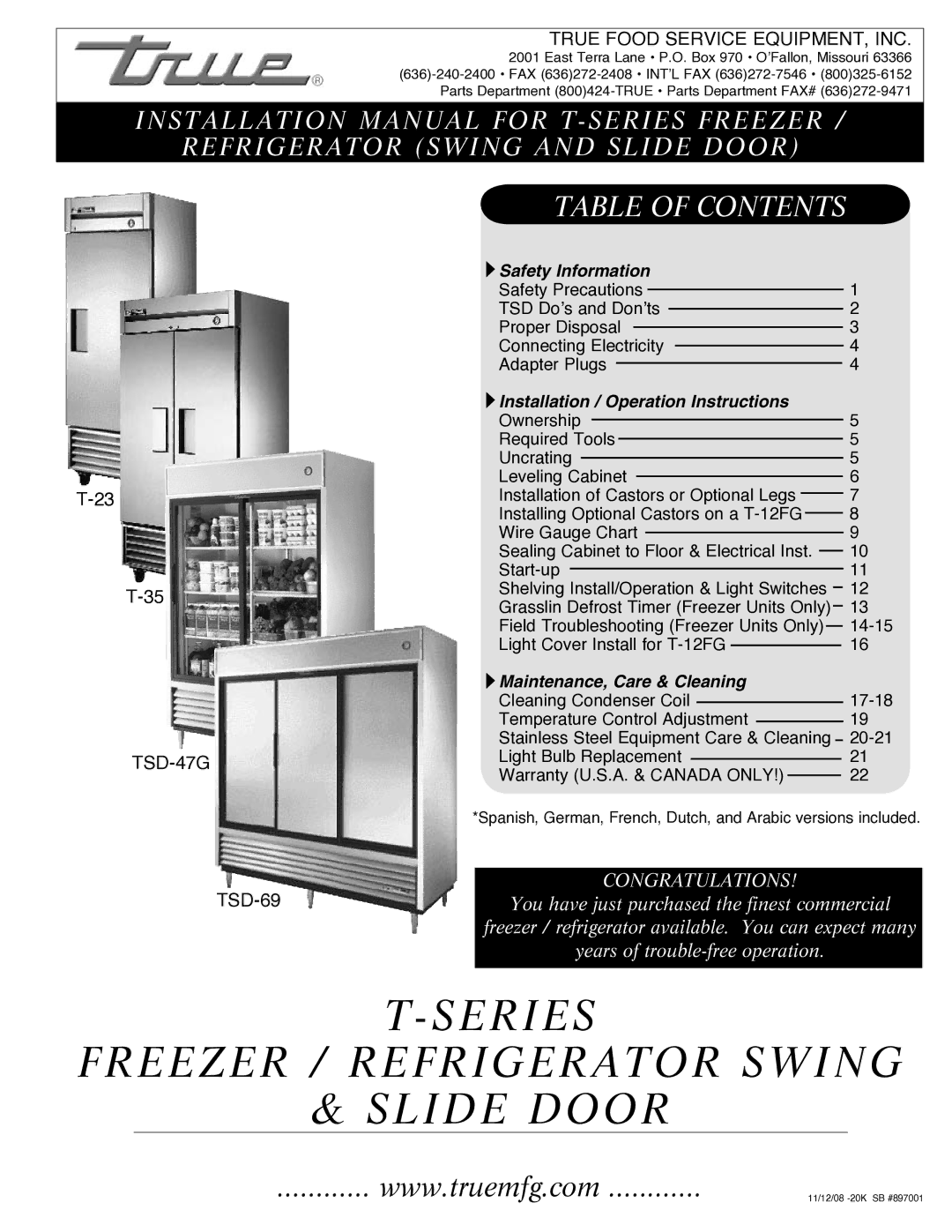 True Manufacturing Company T-35 installation manual Series Freezer / Refrigerator Swing Slide Door 