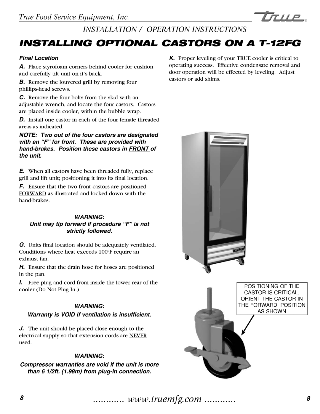 True Manufacturing Company T-35 installation manual Installing Optional Castors on a T-12FG, Final Location 