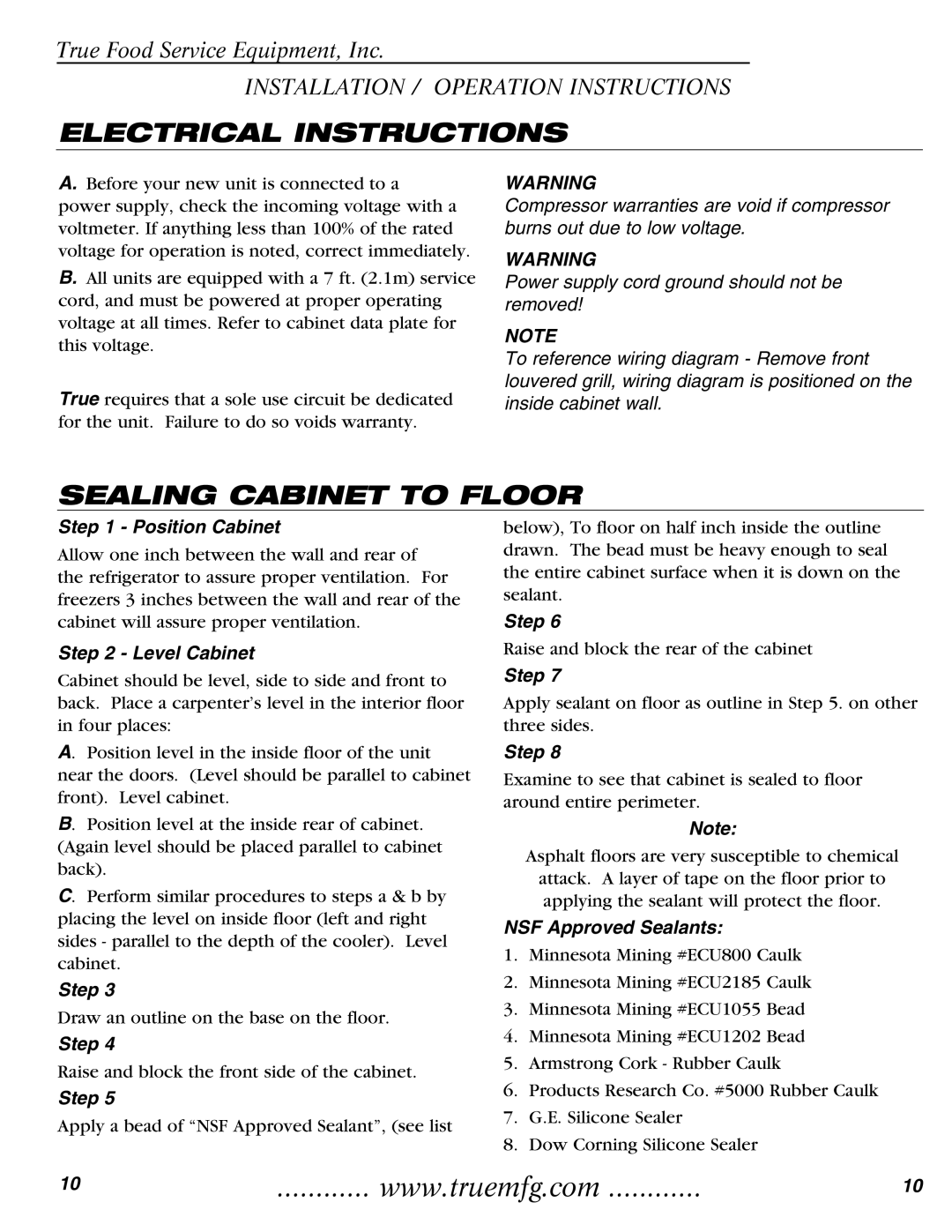 True Manufacturing Company T-35 installation manual Electrical Instructions, Sealing Cabinet to Floor 