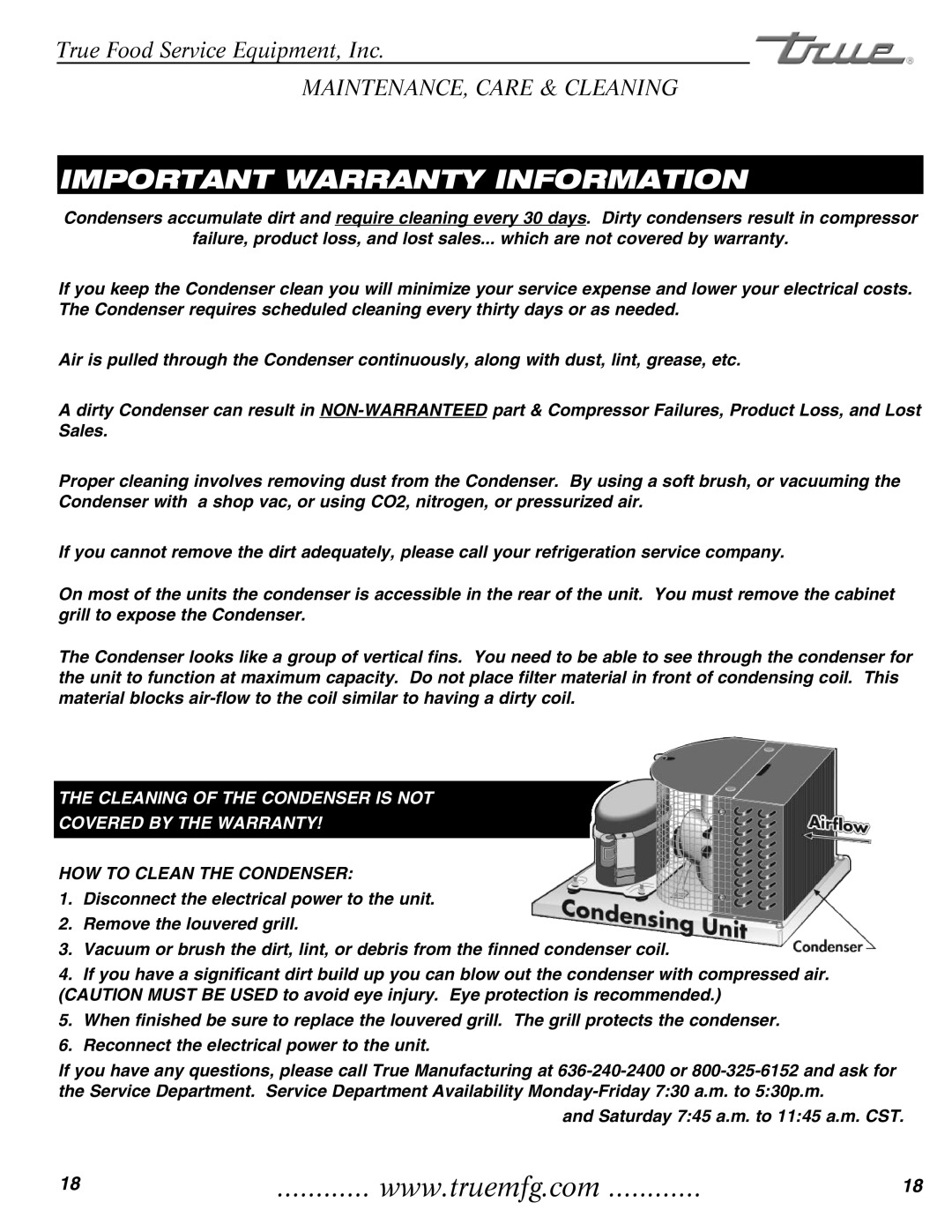 True Manufacturing Company T-35 installation manual Important Warranty Information 