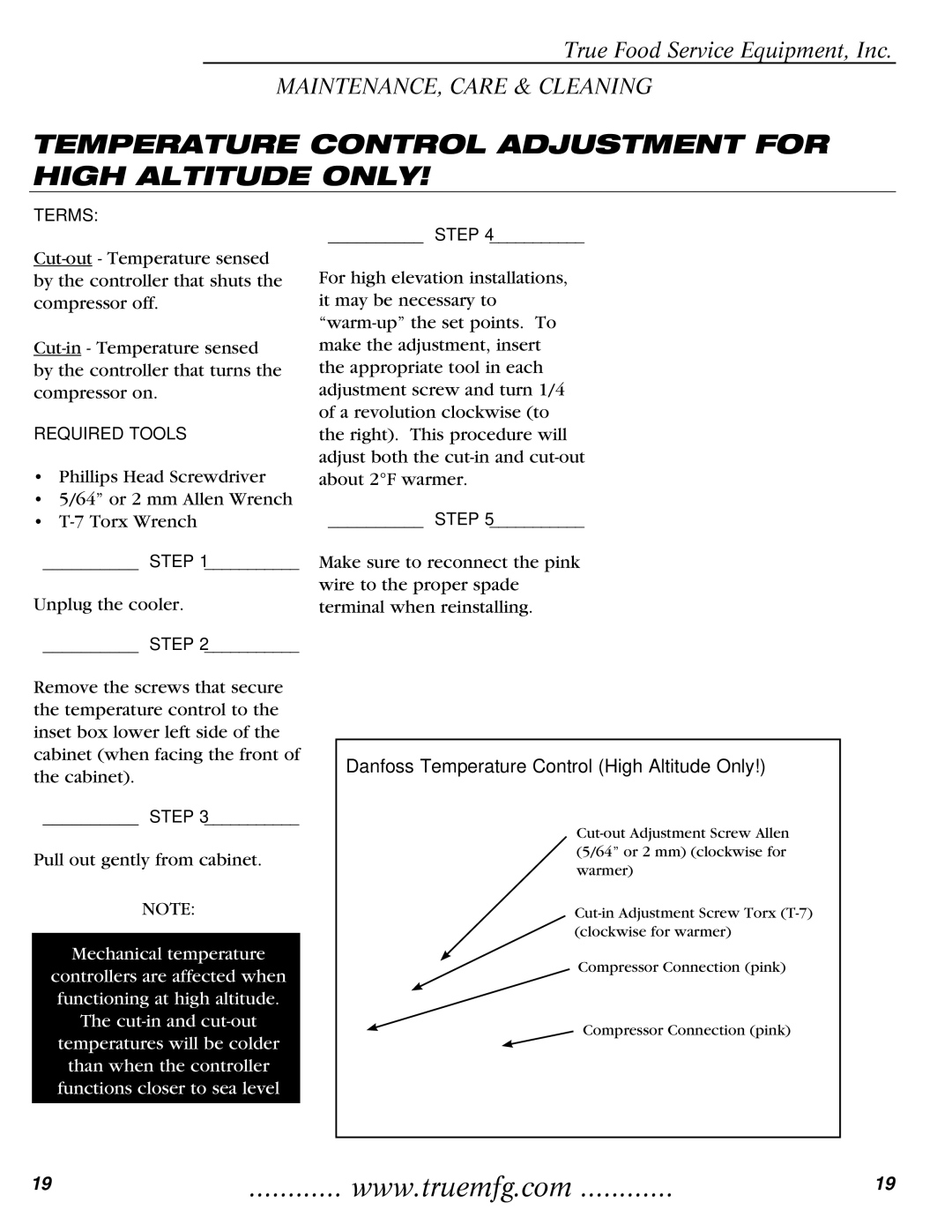 True Manufacturing Company T-35 installation manual Temperature Control Adjustment for High Altitude only 