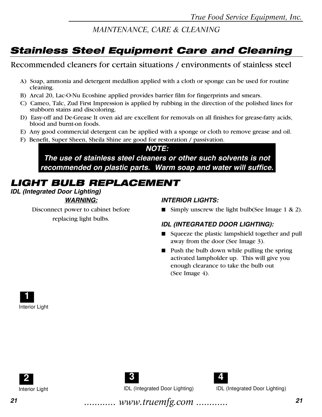 True Manufacturing Company T-35 installation manual Light Bulb Replacement, IDL Integrated Door Lighting, Interior Lights 