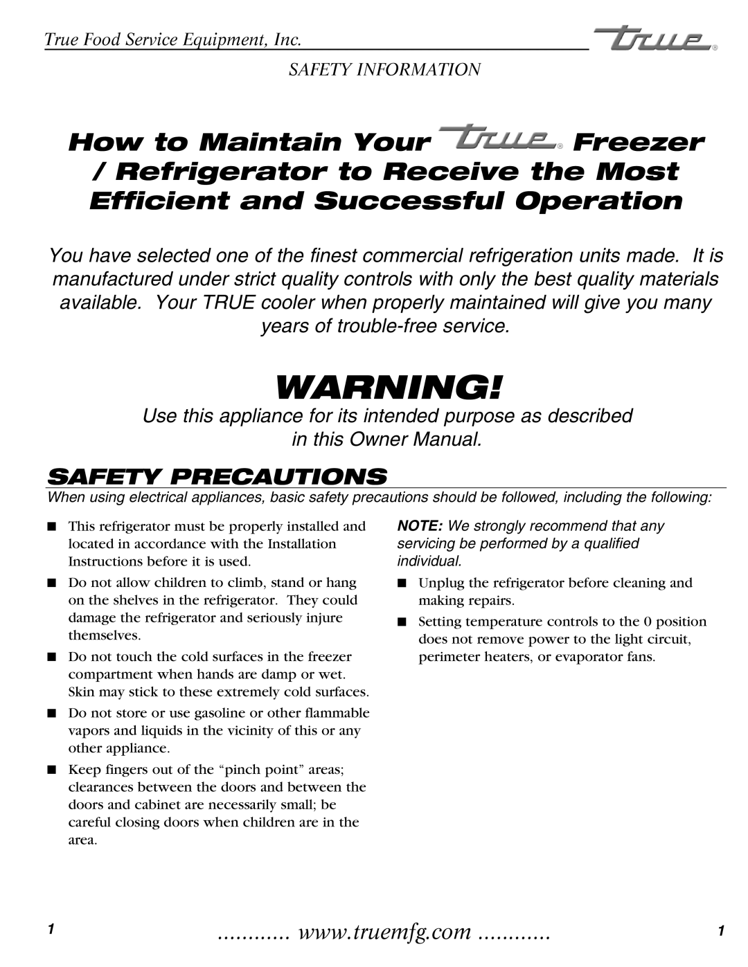 True Manufacturing Company T-35 installation manual Safety Precautions 