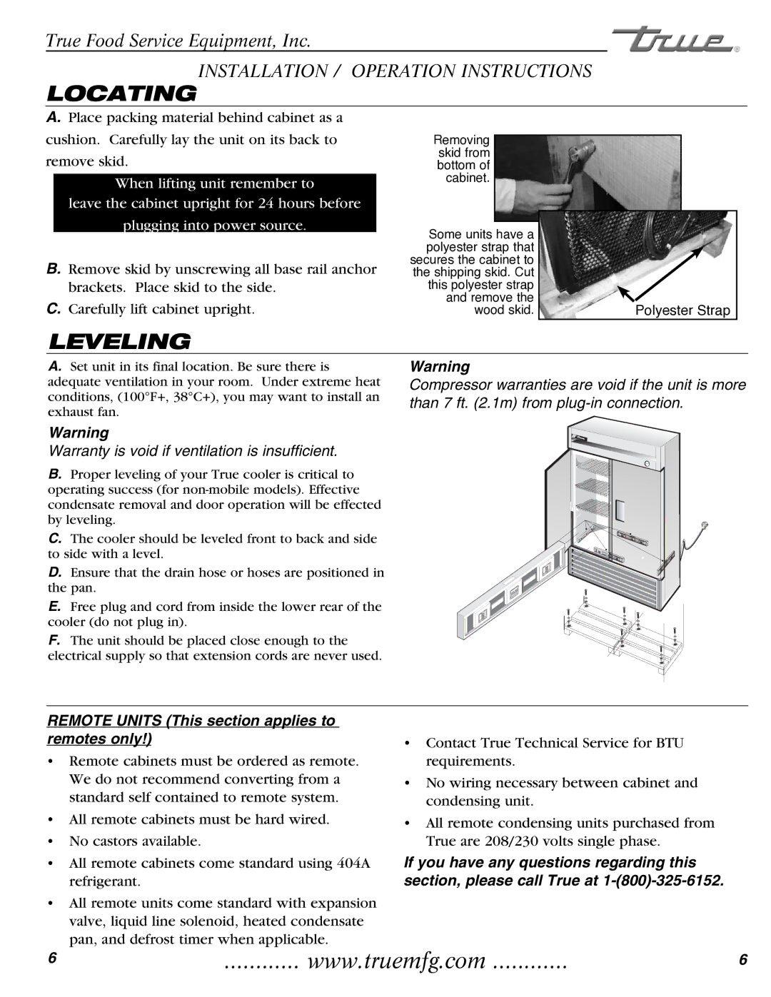 True Manufacturing Company T-35 installation manual Locating, Leveling, Remote Units This section applies to remotes only 