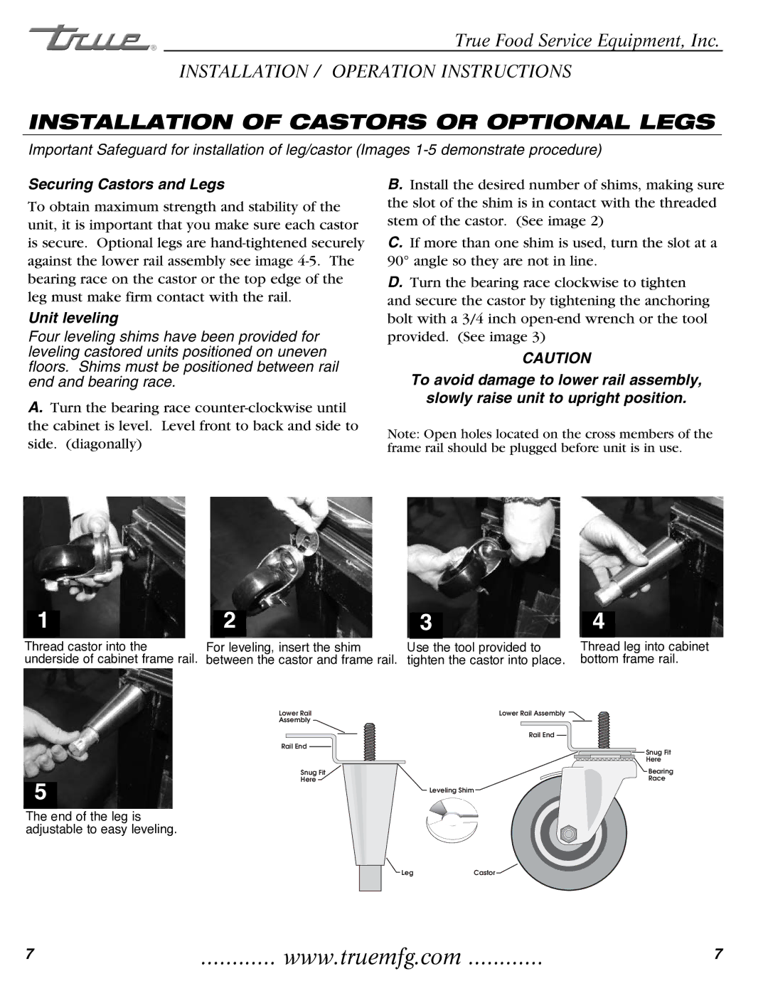 True Manufacturing Company T-35 installation manual Securing Castors and Legs, Unit leveling 