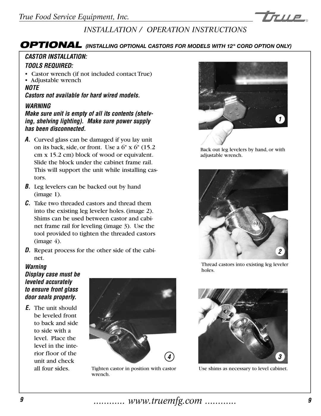 True Manufacturing Company TCGD-50 installation manual Castor Installation Tools Required, Unit and check 